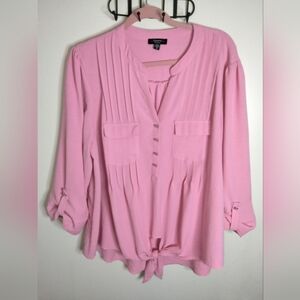 Cocomo Woman (Sz 2X) Pink Stretch VNeck Button Roll Tab Sleeve Knot Waist Blouse